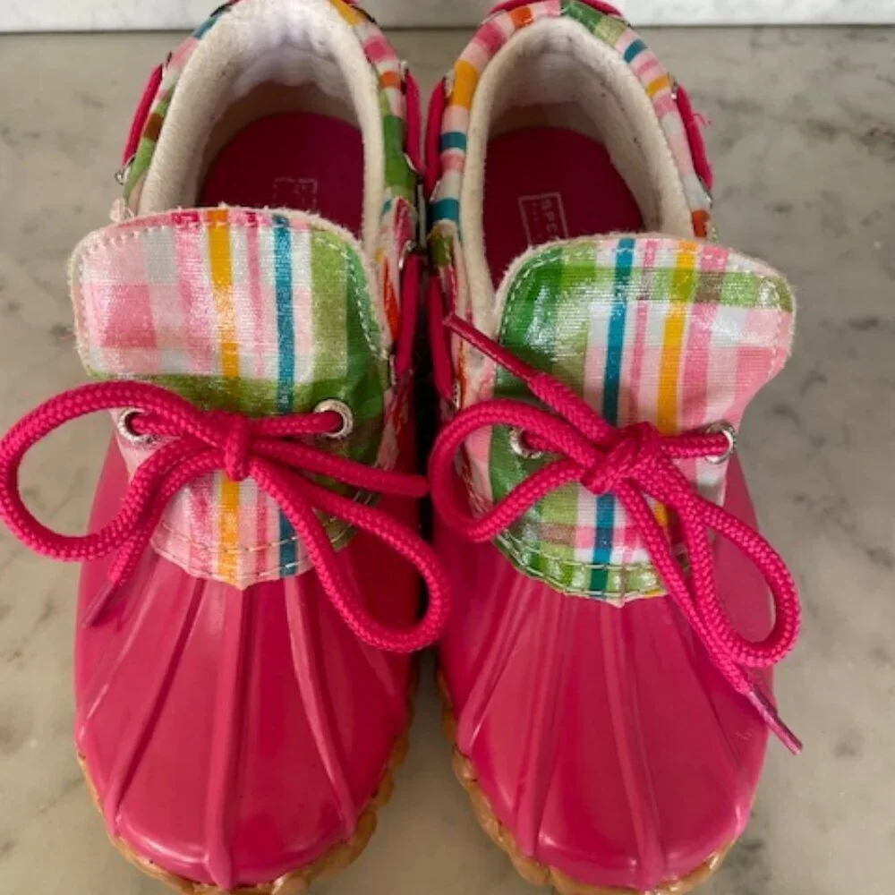 SPERRY TOP SIDER Duckie Pink Plaid Steel Shank Rain Shoes Girl 13M